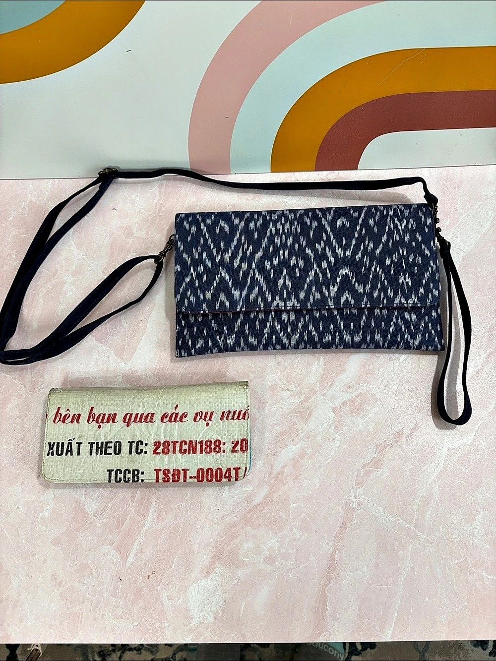 Malia Designs Cloth Crossbody Wristlet & Recycled Feed Bag Long Wallet Blue & Pi